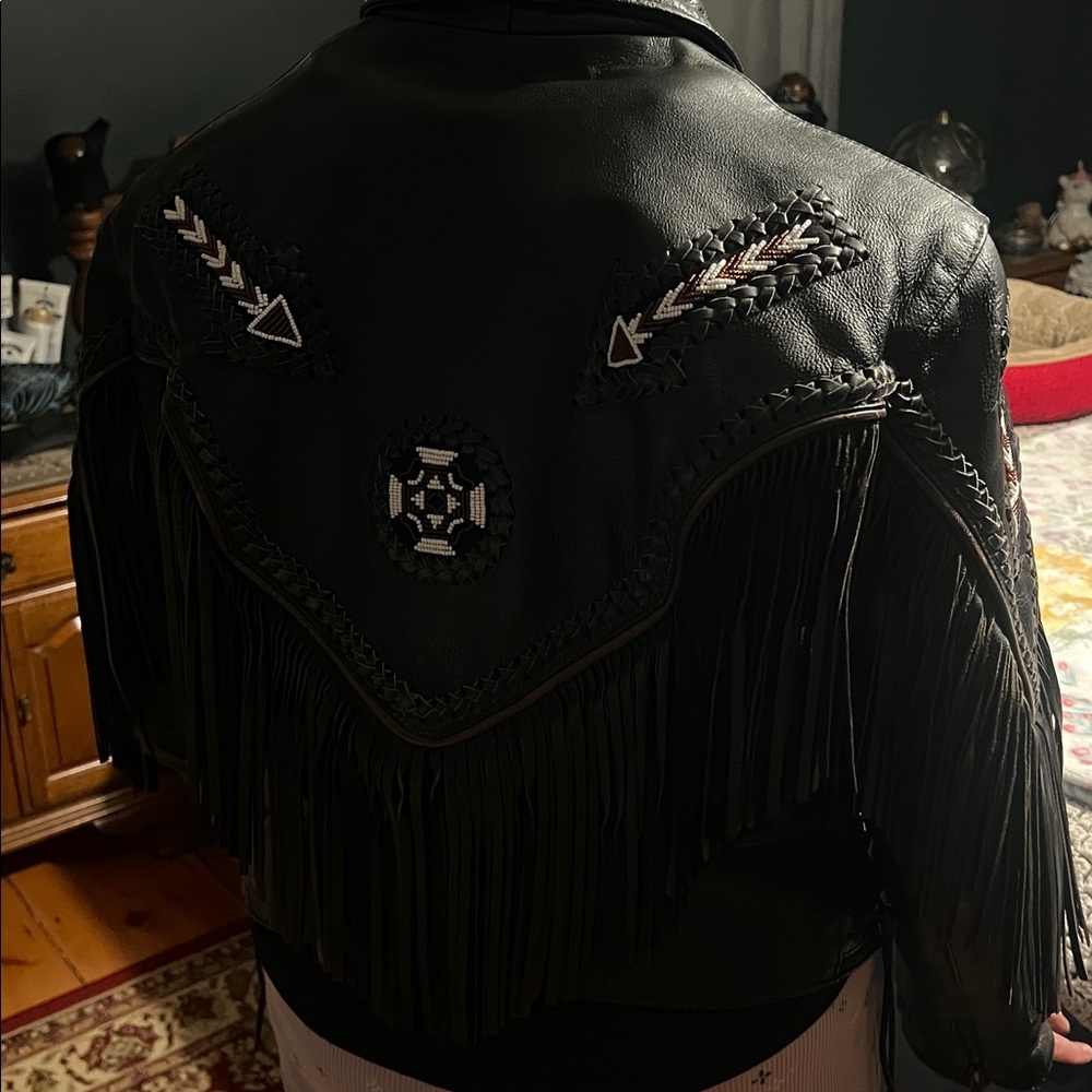Vintage Unik Black Leather Jacket with Fringe, Beads & Braiding - Picture 16 of 16